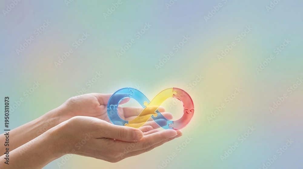 Fototapeta premium Gentle hands tenderly cradling a vibrant, glowing rainbow infinity symbol, representing autism awareness, neurodiversity, inclusion, and endless possibilities