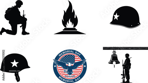 Memorial day tribute with patriotic symbols and fallen soldier silhouettes