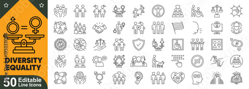 Diversity and equality line icons set. Inclusive community, human rights, social unity, equal opportunity, multicultural people, editable stroke vector collection.