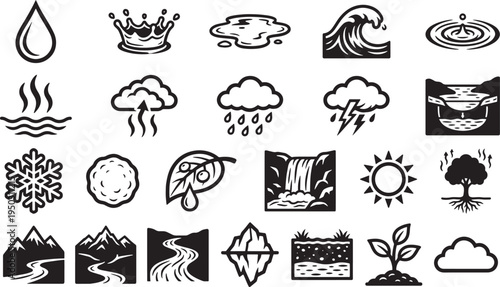 An illustrative collection of water drops, clouds, sun and trees in nature.