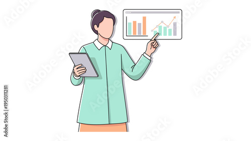 Business Presentation Illustration: A dynamic illustration captures a professional woman passionately presenting data analysis, highlighting growth trends using a stylus and digital tablet. 