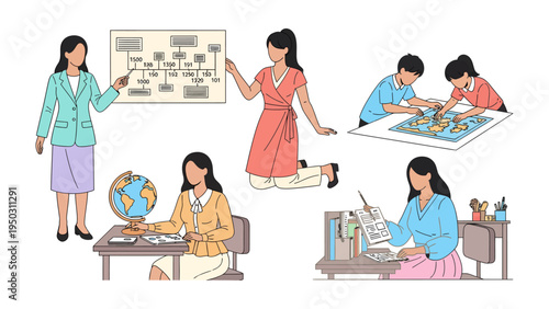Teacher's Day Illustration: A colorful illustration showcasing dedicated educators, absorbed in various teaching moments, highlighting the essence of instruction and knowledge sharing.
