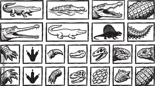 Detailed illustration features a variety of crocodiles and dinosaurs with close up of their heads, tails, and limbs. A black and white, detailed illustration of ancient creatures.