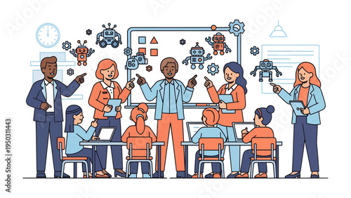 Robotics Education and Guidance: A vibrant classroom scene unfolds as instructors and students engage in collaborative learning, focusing on the fascinating world of robotics, engineering.