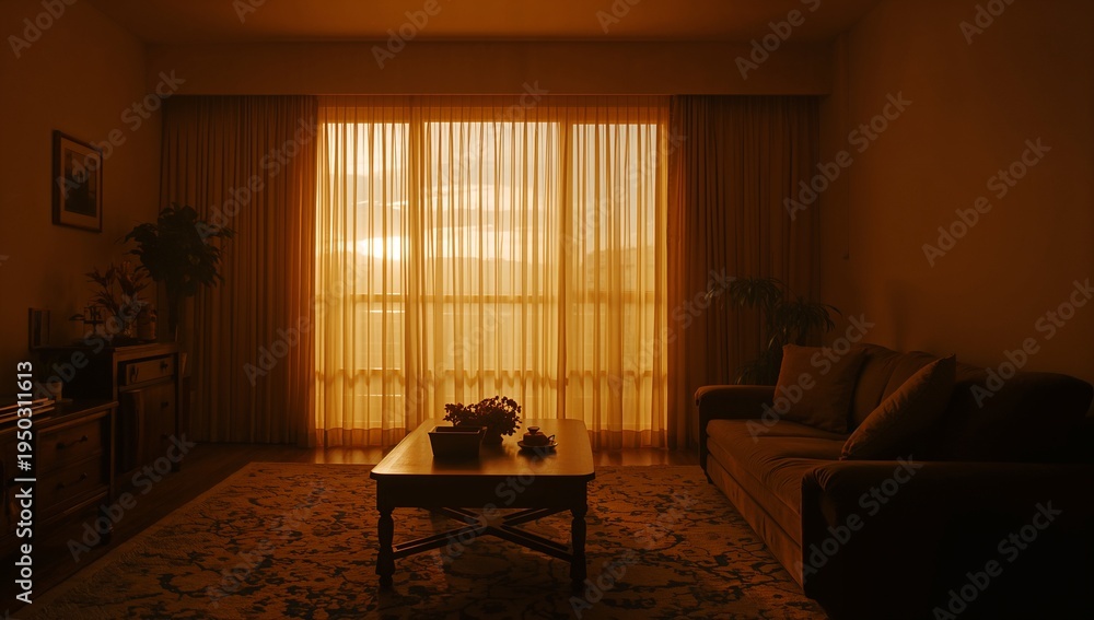 Fototapeta premium Featuring wooden coffee table holding potted plant and small bowl in warmly lit living room