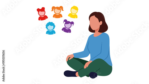 Nurturing Dreams: A caring woman contemplates a vision of children, embodying the essence of care and support.