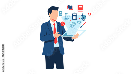 The Visionary Educator: A modern illustration depicting a focused teacher using a tablet, surrounded by floating educational symbols symbolizing knowledge and innovation.