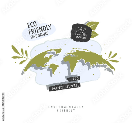 Vector cartoon sketch of a green planet map. Illustration of Environmentally friendly planet. Plant trees. Save forest and our planet.	
