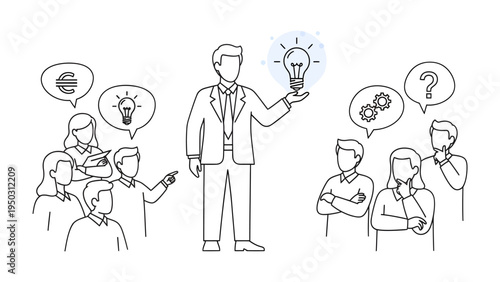 Creative Ideas and Team: A leader holding a light bulb, surrounded by a team, symbolizing the genesis of ideas and collaboration in a collaborative workspace. 