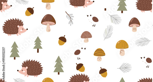 Seamless forest pattern with cute hedgehogs pine trees mushrooms and acorns in hand drawn scandinavian style for nursery wallpaper textile