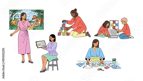 Moments of Education: Capturing moments of diverse educational and learning, illustrating varied activities like storytelling, block-building, puzzle solving, crafting and digital studies.