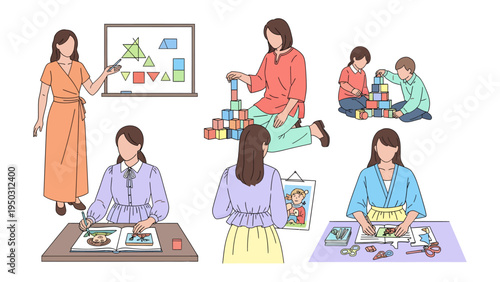 Nurturing Young Minds: A collection of educational moments depicting a teacher engaging with children in a variety of learning activities