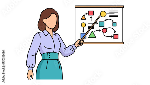 Business Presentation Illustration: An insightful illustration of a professional delivering a business presentation, meticulously pointing to an analytical diagram, conveying clarity and expertise.