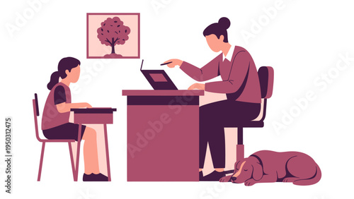 Guidance and Learning: A dedicated educator guides a young student in a nurturing and focused environment. The scene captures a moment of learning, featuring elements of instruction and companionship.