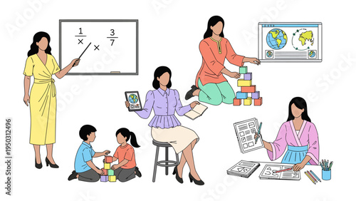 Educational Endeavors: This illustration vividly portrays a educator in various engaging teaching scenarios, emphasizing the dynamic role of education in the modern era. 