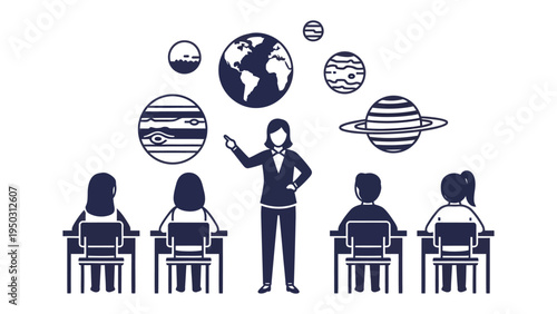 Educational Illustration: A teacher guides students through an engaging lesson on celestial bodies, with detailed representations of planets and the Earth. 