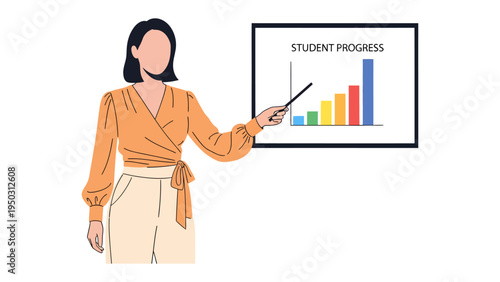 Educator's Presentation: A focused female educator presents an enlightening lecture on the topic of student progress, utilizing a chart that visually depicts growth and development.