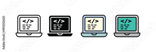 Laptop with coding script and programming tag icon set. Web development, software engineering, and digital technology symbols on computer screen. Vector Illustration.