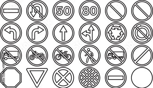 Traffic signs with a variety of traffic symbols are arranged in neat rows. the image captures a symbol concept for a driver, with no color.