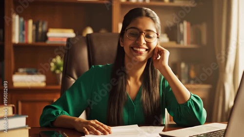 Young Indian woman working on laptop at office desk