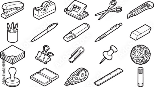 A collection of essential office supplies artfully arranged, creating a visually appealing and organized display.