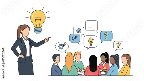 Brainstorming Brilliance: An empowered business leader guides a collaborative brainstorming session, illuminating innovative ideas for a team. The energy is one of creativity.