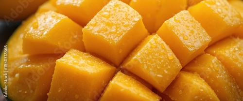 Close Up Image of Ripe Mango Fruit Cut into Perfect Cubes Showcasing Its Natural Yellow Color