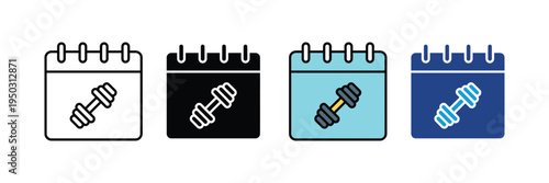 Fitness gym calendar and workout schedule icon set. Calendar with dumbbell symbol for exercise planning, training appointment, and bodybuilding routine. Vector Illustration.