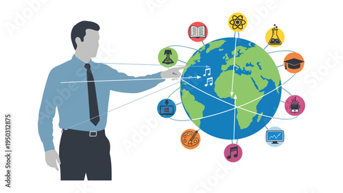 Global Education Network: An educator illustrates the intricate connections of global knowledge, linking diverse fields of study across the world.
