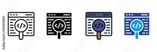 Code search and web programming analysis icon set. Browser window with magnifying glass and coding script symbols for software development. Vector Illustration.