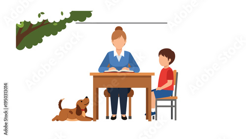 Cozy Moment: A scene of a woman, a boy, and a dog sharing a moment together. A woman sits behind a desk with a book while a boy sits opposite her. A dog rests comfortably in front.