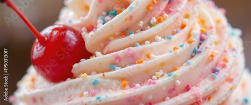 Delicious Vanilla Cupcake With Whipped Cream Frosting Topped With Cherry And Colorful Sprinkles