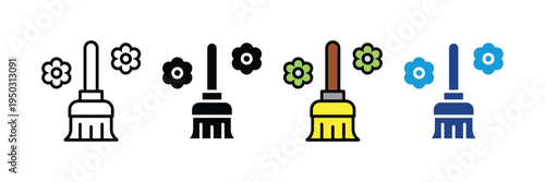 Household broom and spring cleaning icon set. Sweeping, home maintenance, and sanitation tools for domestic hygiene. Vector Illustration.