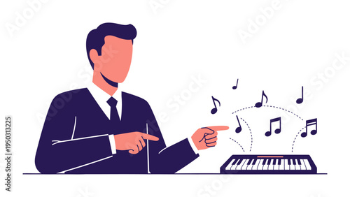 Harmonious Composition: A man in a suit composes a melodic symphony on a digital piano, conjuring musical notes into existence with his touch. A visual celebration of the symphony.