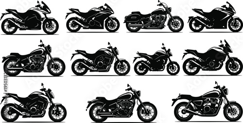 Motorcycle Silhouette Vector Set, Sport Bike, Cruiser and Naked Motorbike Icons Collection for Racing, Transportation, Automotive Design, Rider Lifestyle and Vehicle Illustration Projects