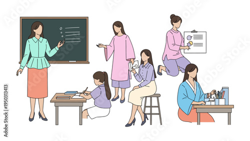 The Educators: Depicting various moments of teachers within their learning environment. Embracing education, knowledge, and instructional methodologies.