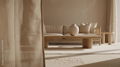 Minimalist living room interior seen through sheer beige curtains