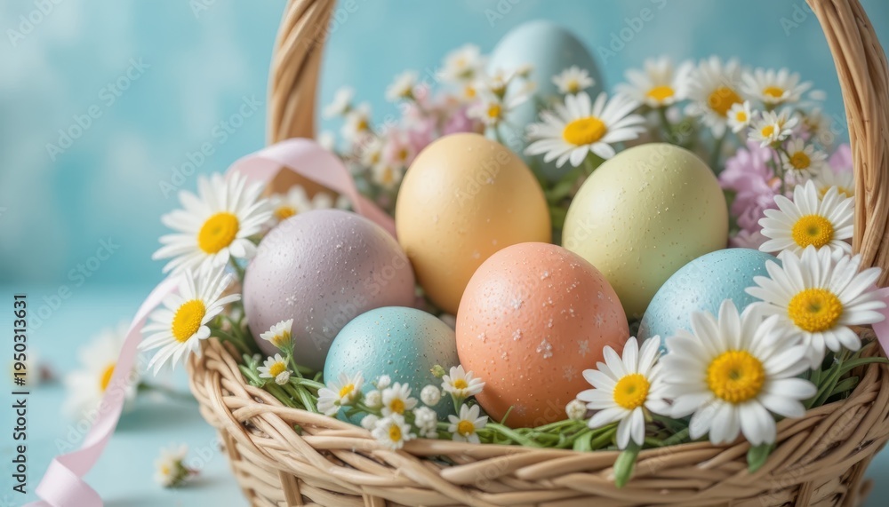Fototapeta premium Colorful Easter Eggs Nestled in a Woven Basket Surrounded by Fresh Daisies and Greenery