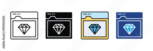 Premium website quality and diamond web browser icon set. Exclusive online service, luxury digital content, and high-value software interface symbols. Vector Illustration.