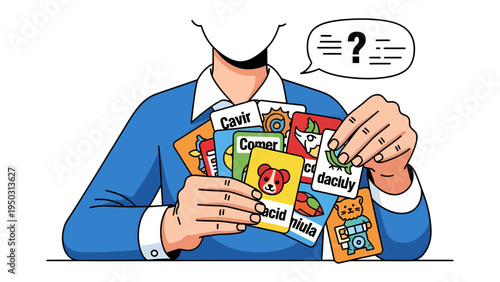 Game Cards Mystery: A person's holding a collection of vibrant game cards, a question mark hovering above. Explore a realm of puzzles and intriguing narratives