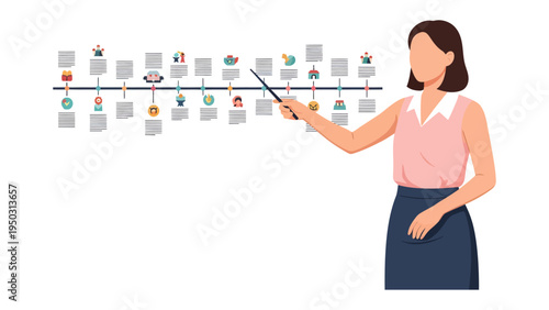 Timeline Presentation: A woman makes a presentation about an important subject. The visual aids is a timeline.