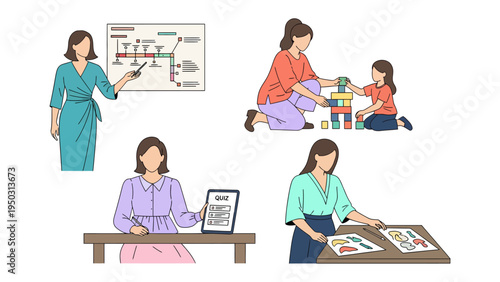 Daily Life Moments: Depicting a woman engaged in various facets of her routine, from professional presentations to nurturing interactions, each scene tells a unique story of balance and dedication.