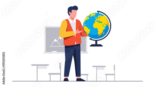 A World of Education: A teacher stands in a classroom, pointing towards a globe, symbolizing a journey of learning.