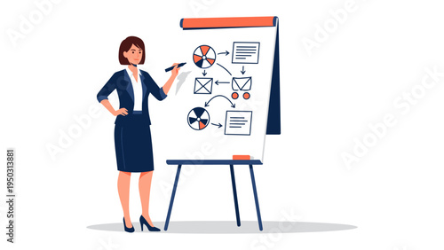 Business Strategy: A skilled businesswoman, engaged in the art of presentation, illustrating strategic diagrams on a flip chart, symbolizing the planning process and effective communication.