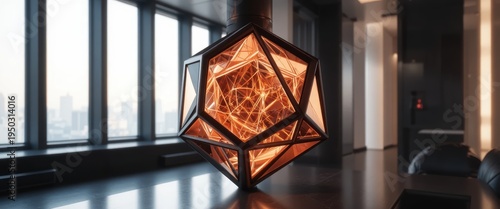 Geometric Abstract Pendant Lamp Illuminating Modern Urban Interior with Scenic City View