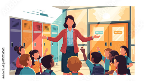 Teacher Inspires Students: A dedicated teacher captivates a class of attentive students within a brightly lit classroom, fostering a scene of learning and inspiration.