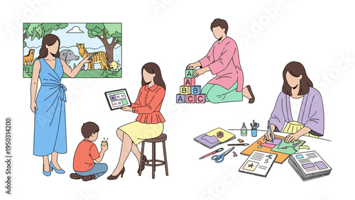 Mom's Daily Life: A collection of diverse scenes showcasing a mother engaging in various activities such as teaching, playing, and crafting with her children.
