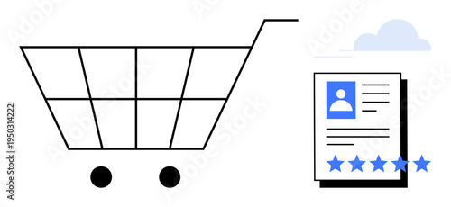 Shopping cart and user profile icon with star ratings beneath a cloud, expressing e-commerce, customer reviews, user experience. Ideal for concepts thumbs up online shopping, digital marketing
