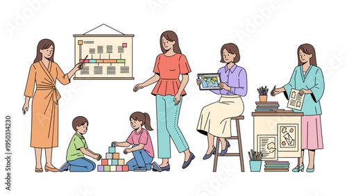 Teaching Moments: A compilation of educators sharing knowledge and shaping young minds. Scenes of interactive learning and guidance.