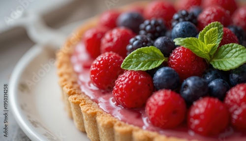 Delicious Berry Tart Garnished with Fresh Mint Leaves on a Decorative Plate